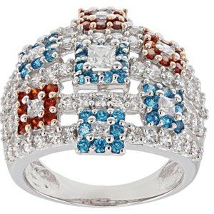 3.87CTW Blue Apatite, Red, And White Diamond Simulants 18K Rose And Rhodium Ring